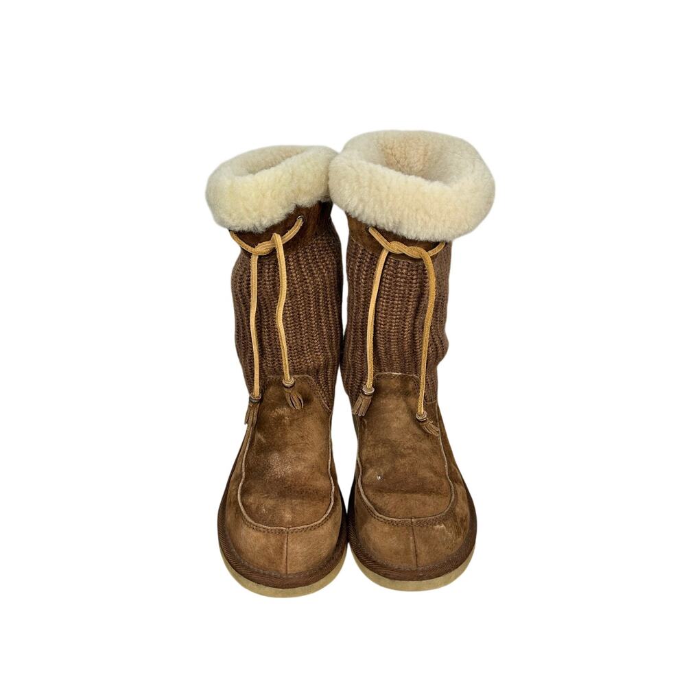 UGG Suburb Crochet Knit Suede Boots Chestnut Brown Shearling Women's Size 8